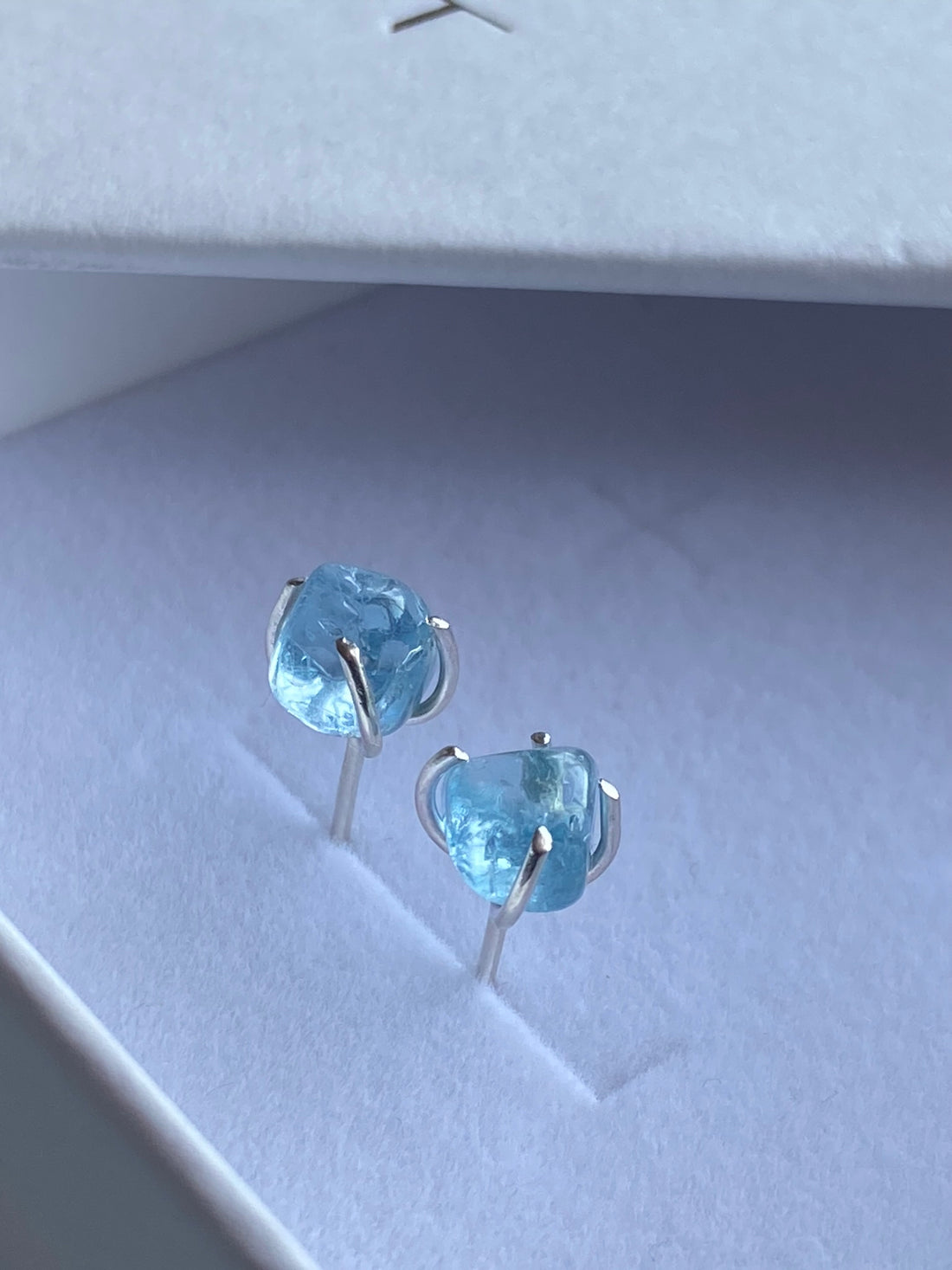 Raw Brazilian Blue Santa Maria Aquamarine Stud Earrings, March Birthstone