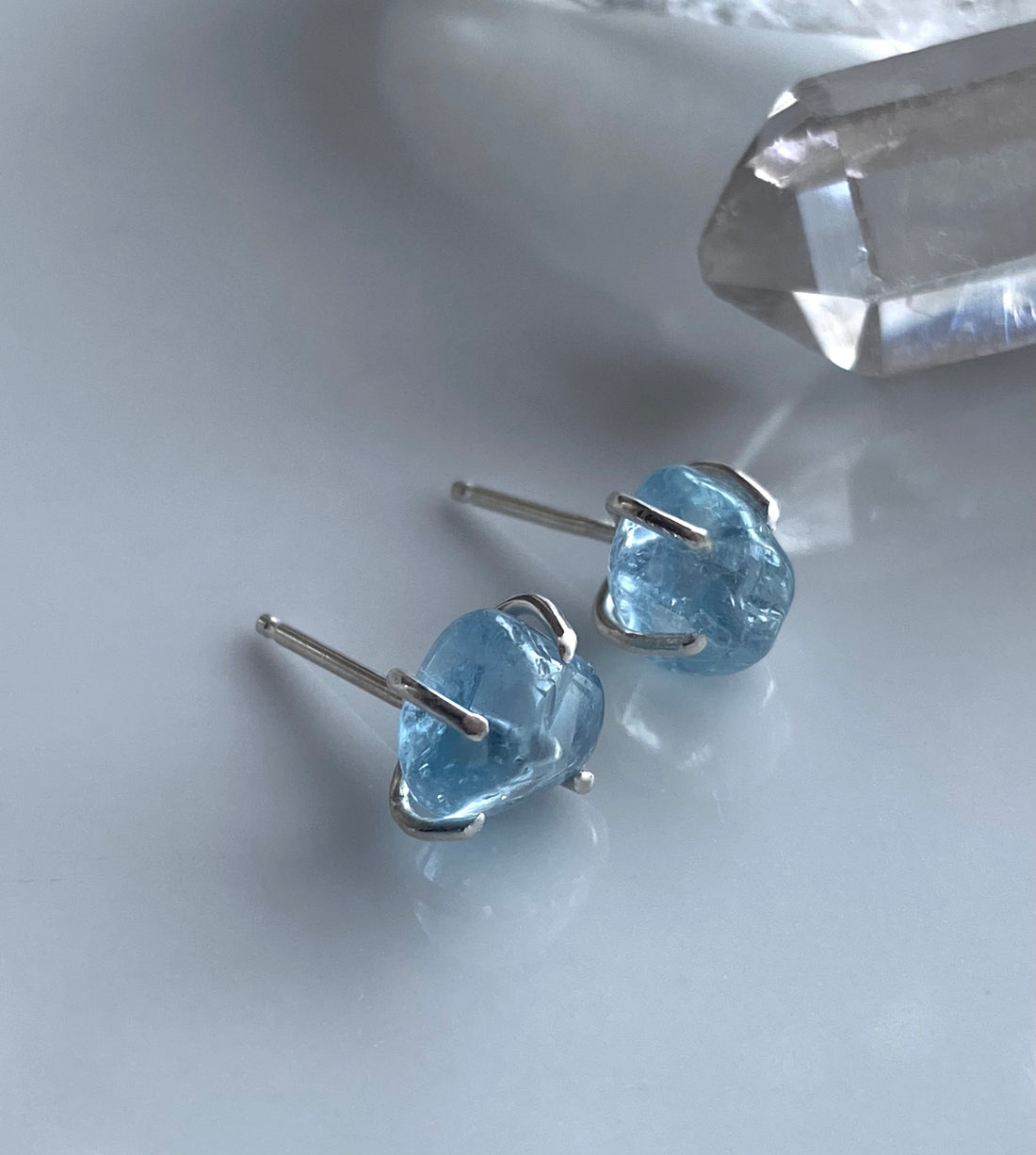 Raw Brazilian Blue Santa Maria Aquamarine Stud Earrings, March Birthstone