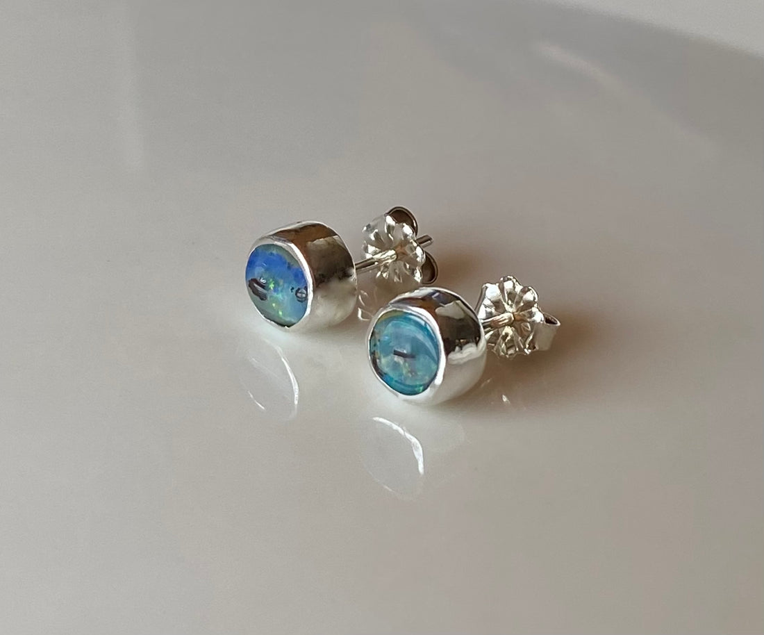 Australian Boulder Matrix Opal Stud Earrings, October Birthstone Earrings