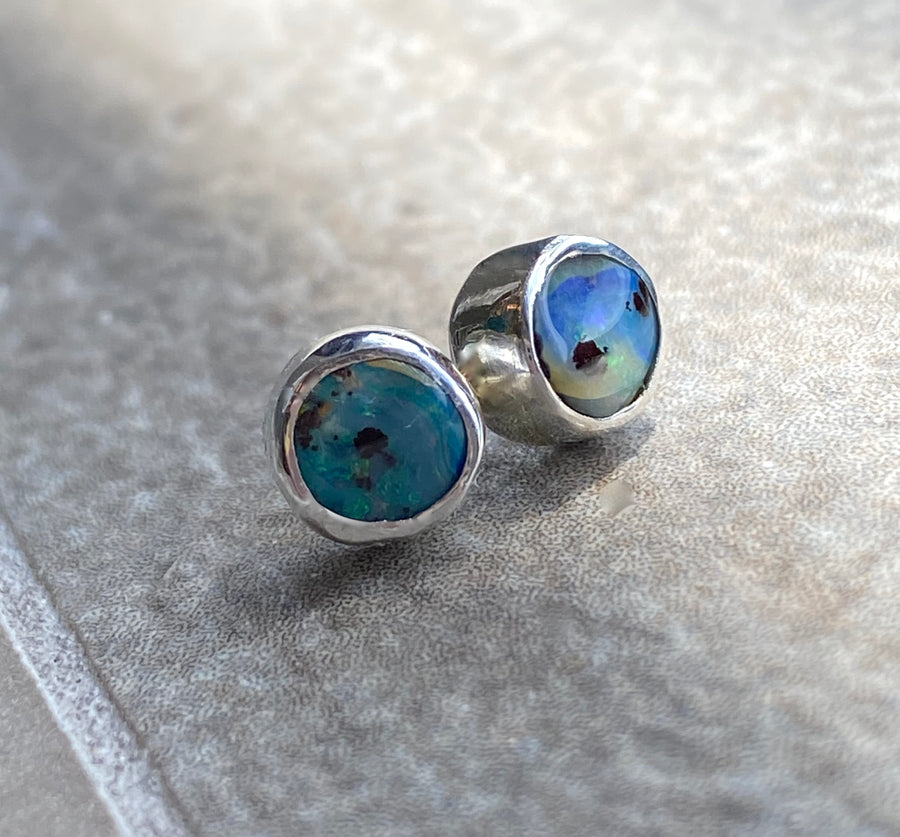 Australian Boulder Matrix Opal Stud Earrings, October Birthstone Earrings