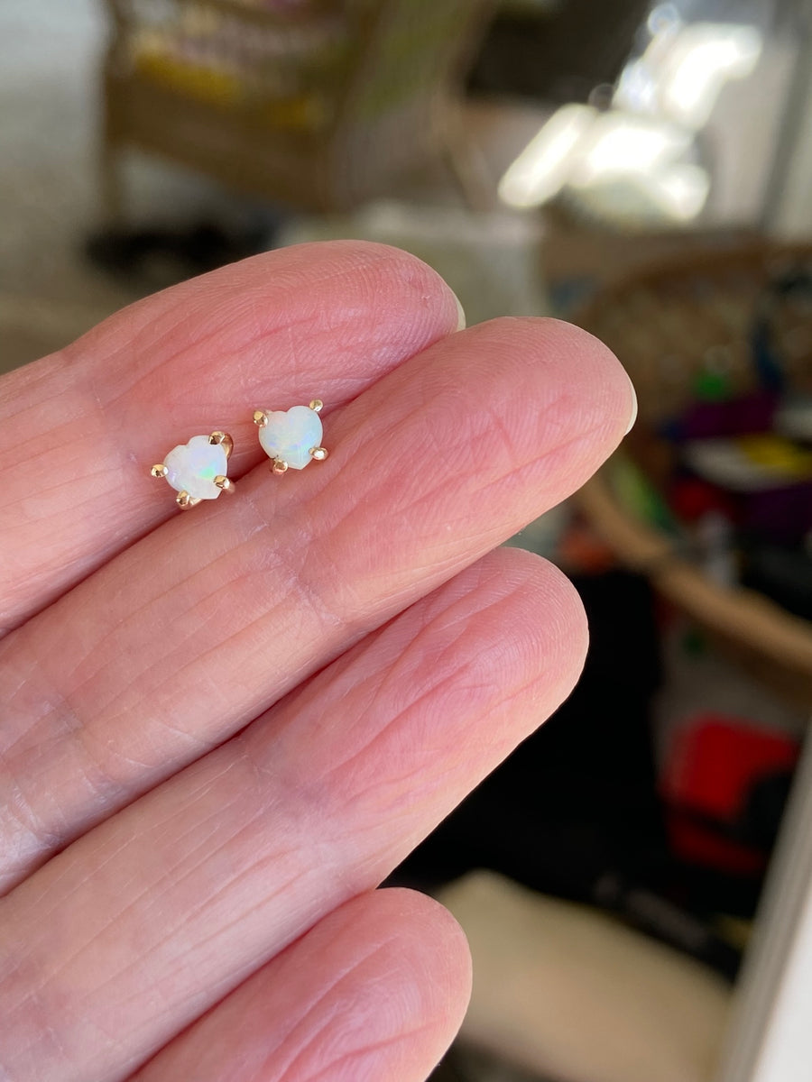 Australian White Opal Heart Stud Earrings, October Birthstone Earrings