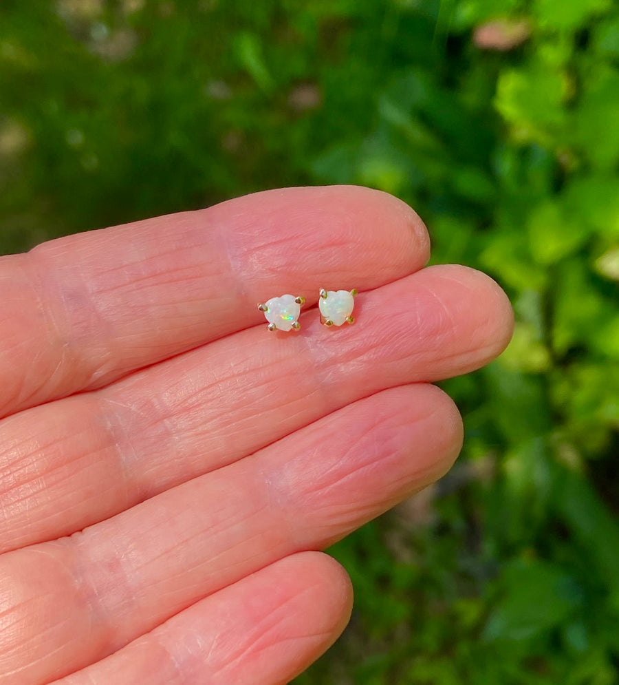 Australian White Opal Heart Stud Earrings, October Birthstone Earrings
