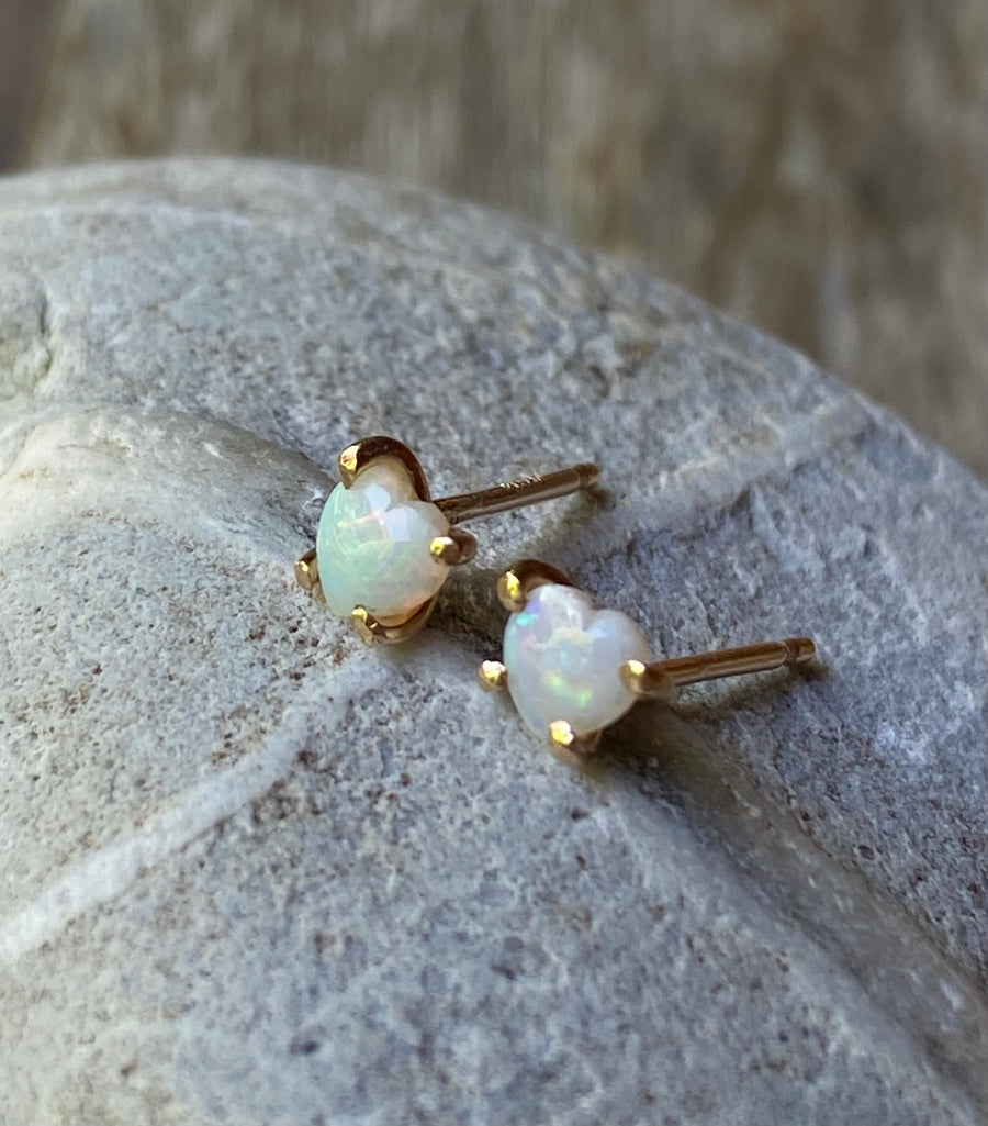 Australian White Opal Heart Stud Earrings, October Birthstone Earrings