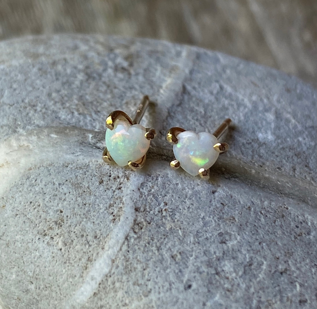 Australian White Opal Heart Stud Earrings, October Birthstone Earrings