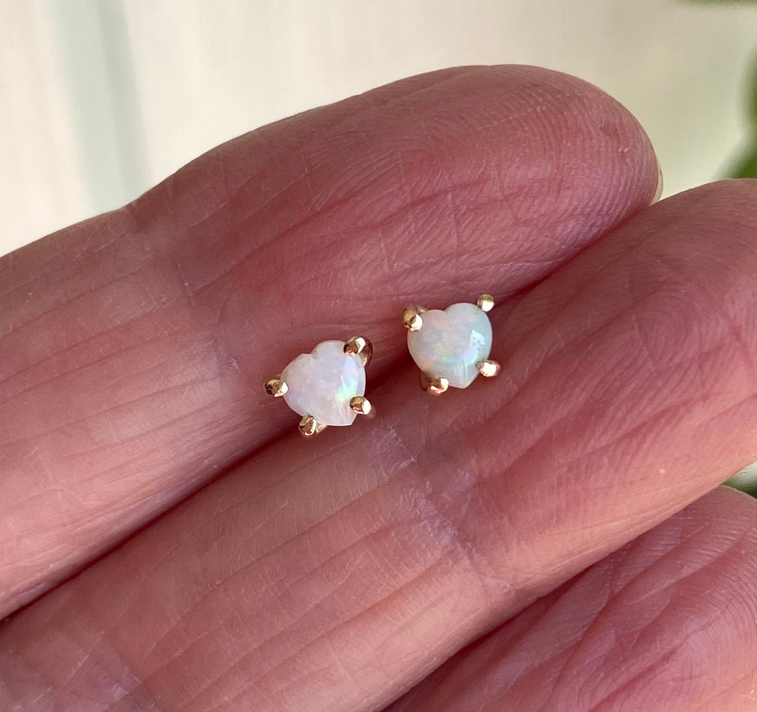 Australian White Opal Heart Stud Earrings, October Birthstone Earrings