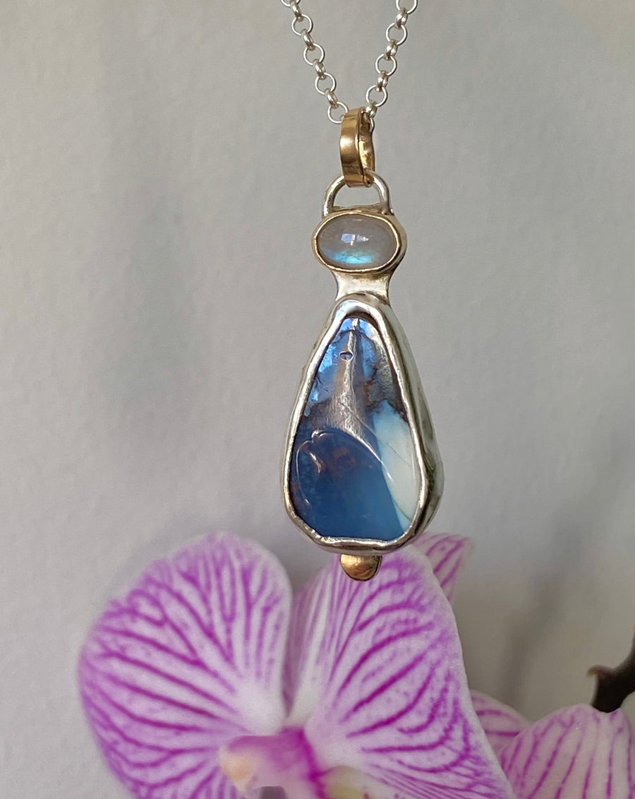 Australian Boulder Opal and Sri Lankan Moonstone Pendant Necklace, October June Birthstone Necklace