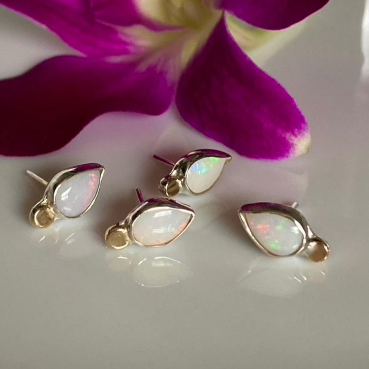 Solid Australian White Opal Stud Earrings, October Birthstone Earrings