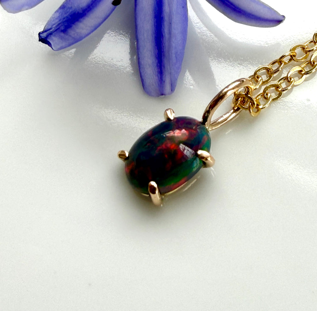 Ethiopian Black Opal Pendant Necklace, October Birthstone
