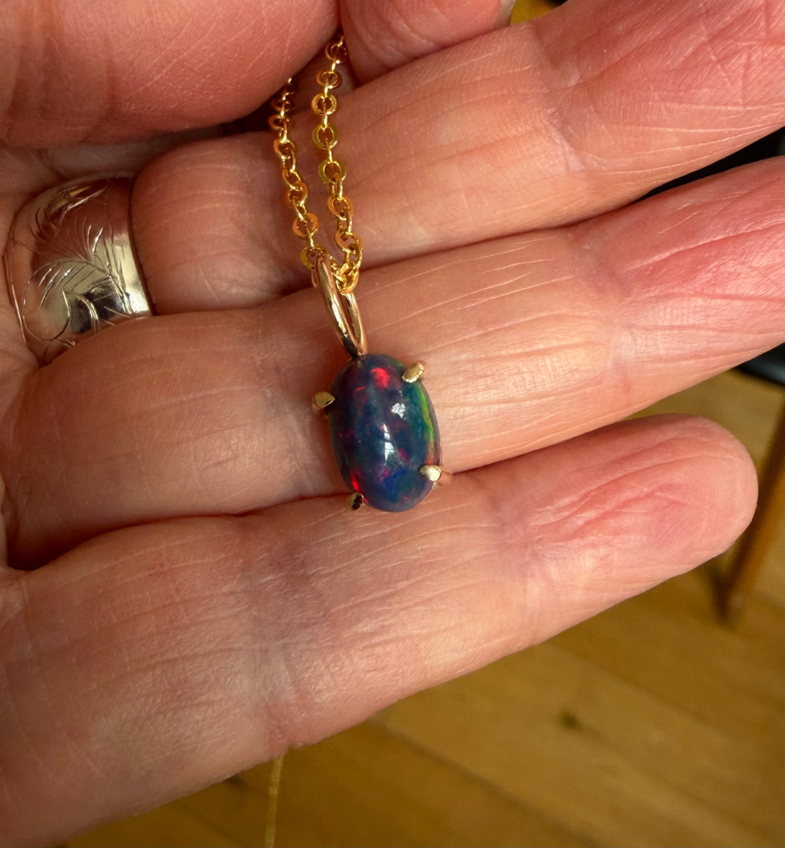 Ethiopian Black Opal Pendant Necklace, October Birthstone