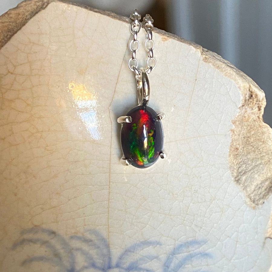 Ethiopian Black Opal Pendant Necklace, October Birthstone Necklace