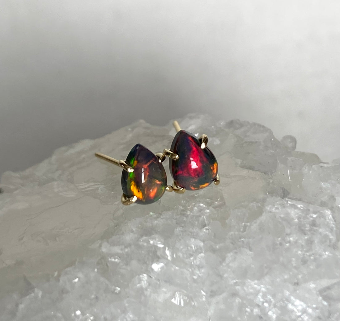 Ethiopian Black Opal 18k Gold Stud Earrings, October Birthstone Earrings