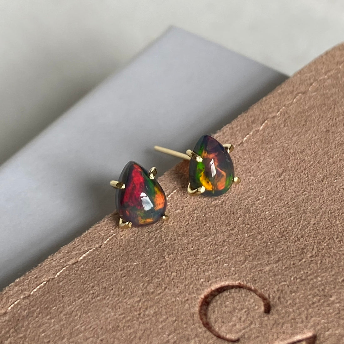 Ethiopian Black Opal 18k Gold Stud Earrings, October Birthstone Earrings