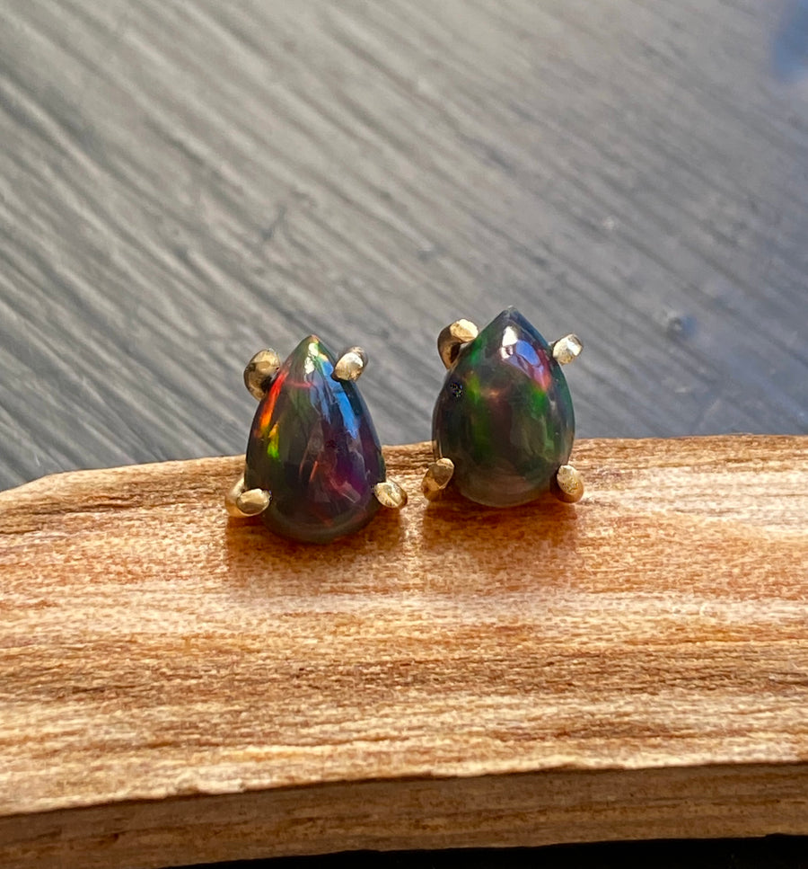 Ethiopian Black Opal 14/9k Gold Stud Earrings, October Birthstone Earrings