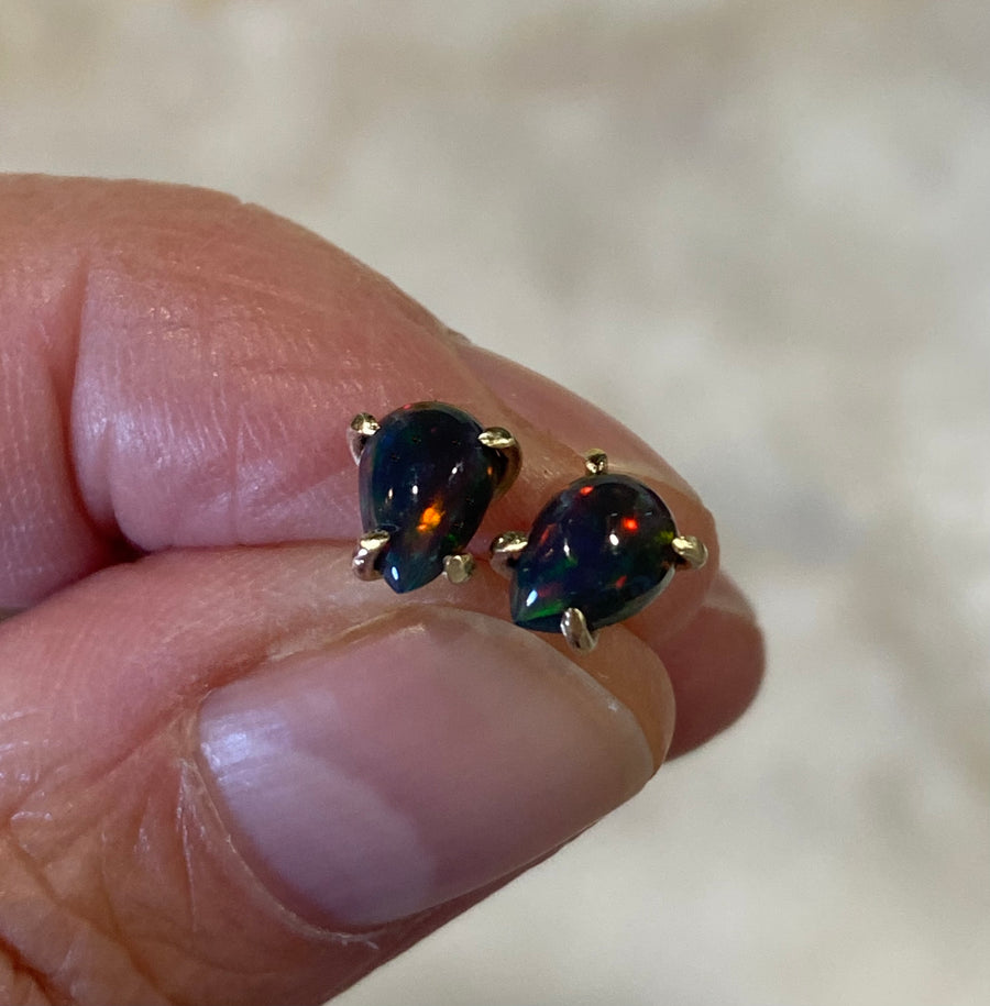 Ethiopian Black Opal 14/9k Gold Stud Earrings, October Birthstone Earrings