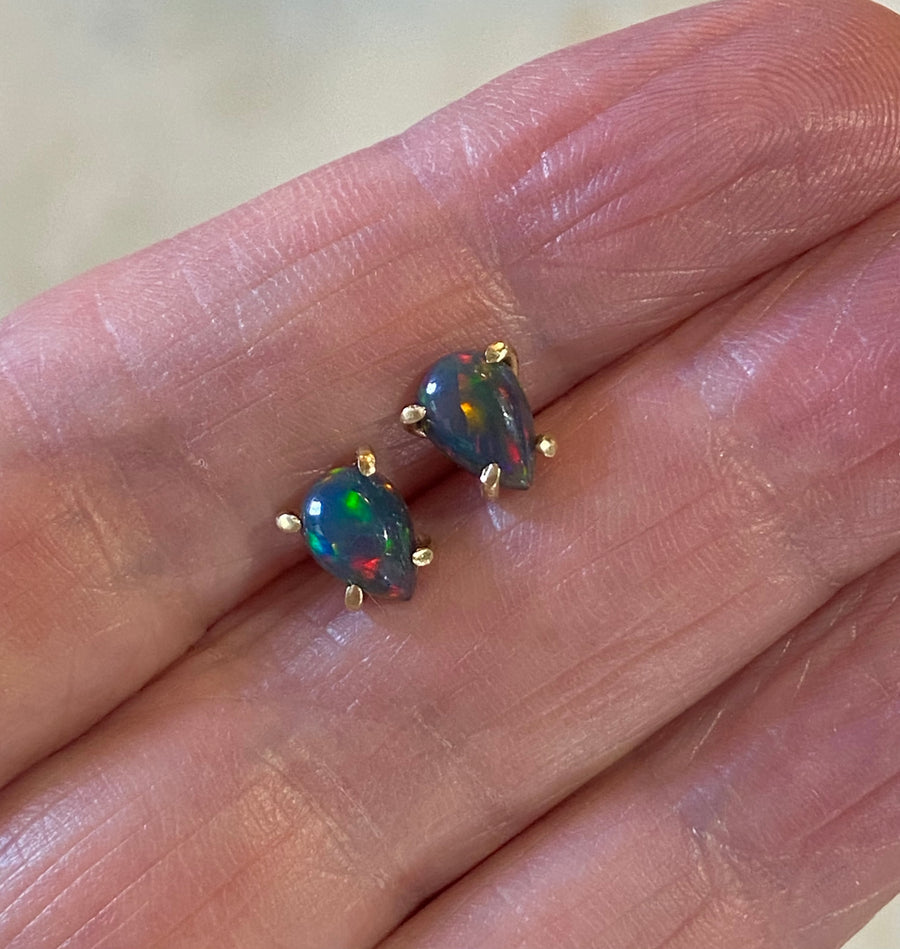 Ethiopian Black Opal 14/9k Gold Stud Earrings, October Birthstone Earrings