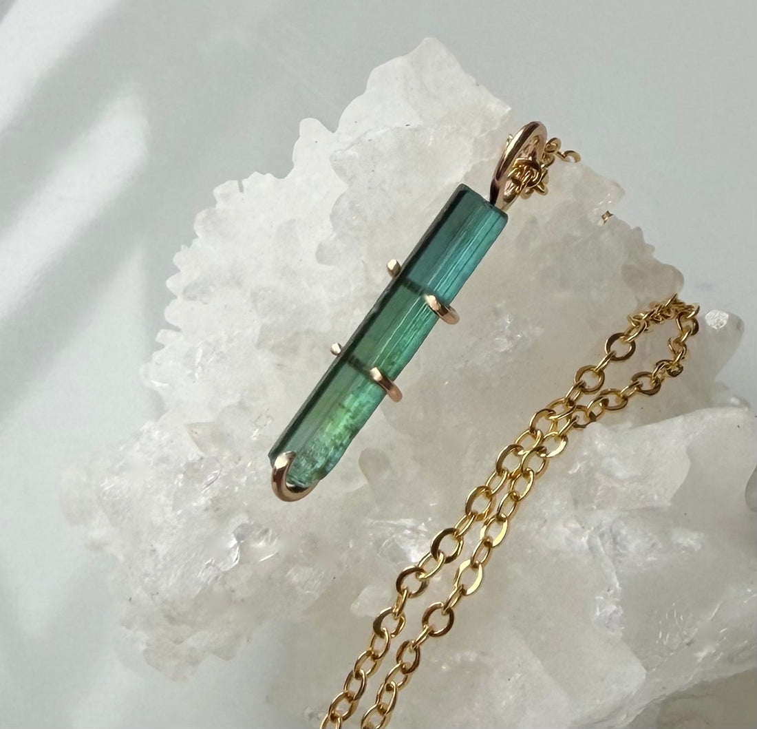 Raw Bicolor Blue Green Watermelon Tourmaline Pendant Necklace, October Birthstone