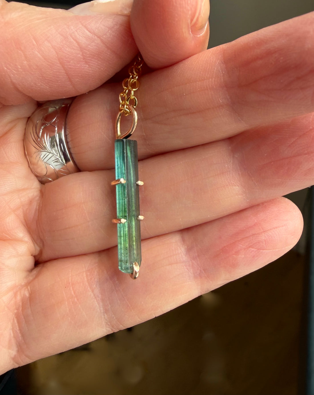 Raw Bicolor Blue Green Watermelon Tourmaline Pendant Necklace, October Birthstone