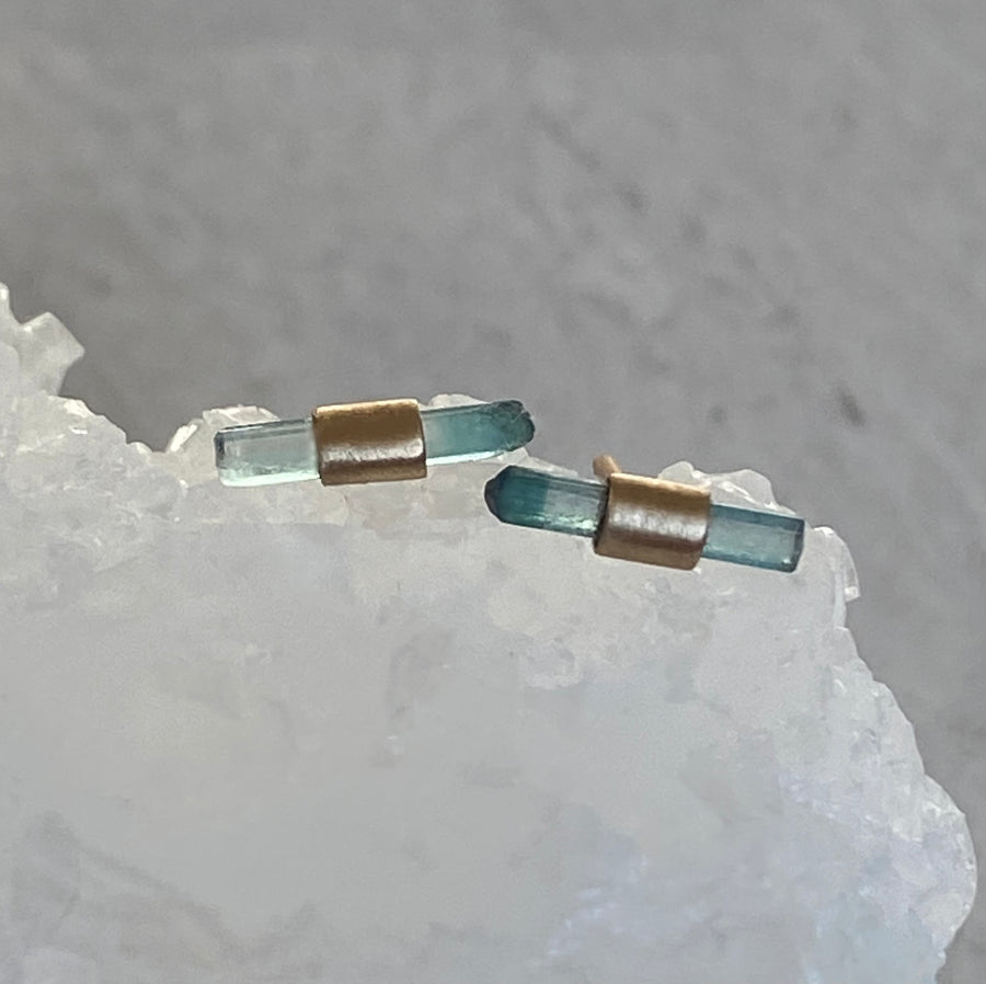 Raw Blue Tourmaline Stud Earrings, October Birthstone Earrings