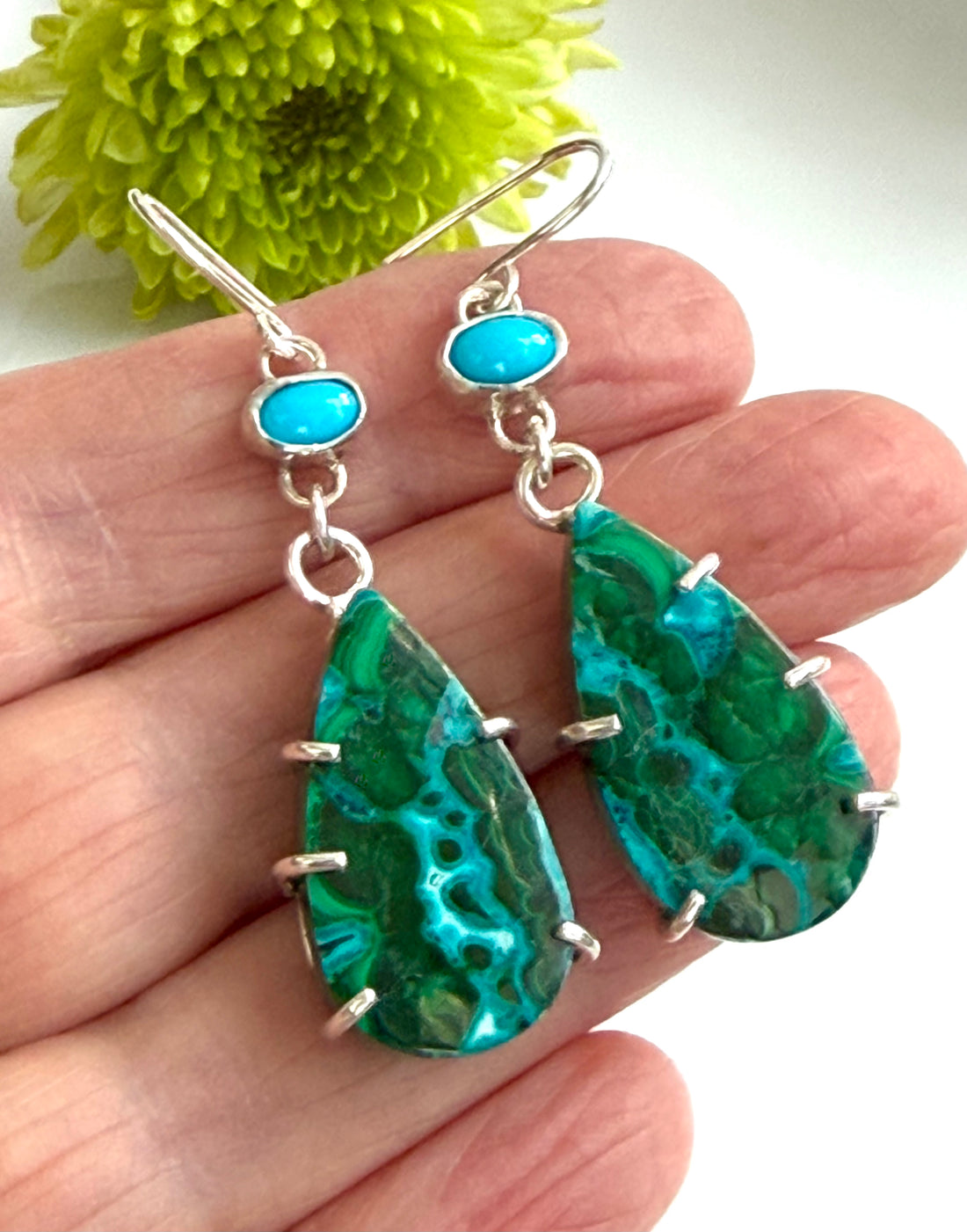 Rare Chrysocolla Malachite and Arizona Turquoise Earrings