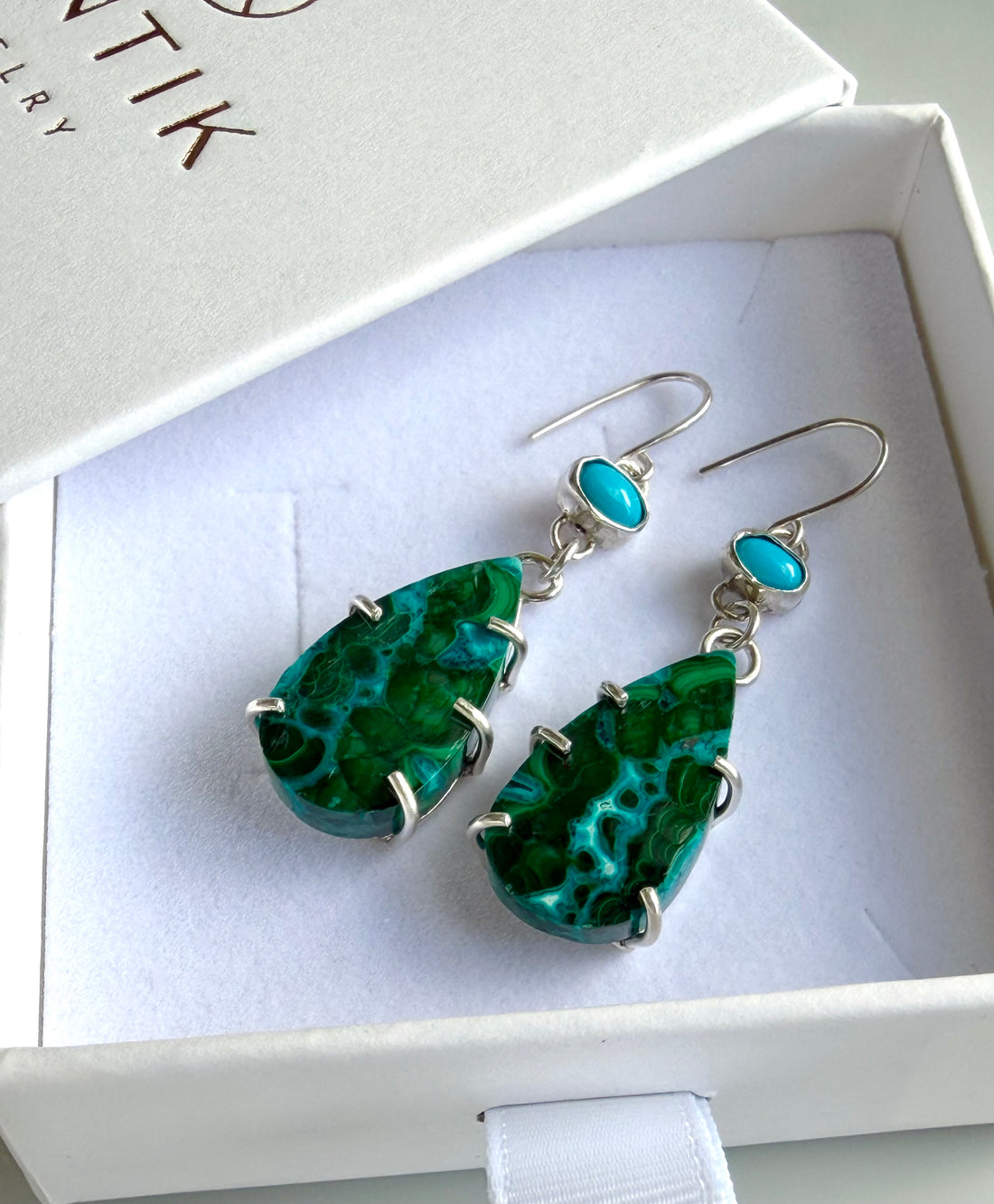Rare Chrysocolla Malachite and Arizona Turquoise Earrings