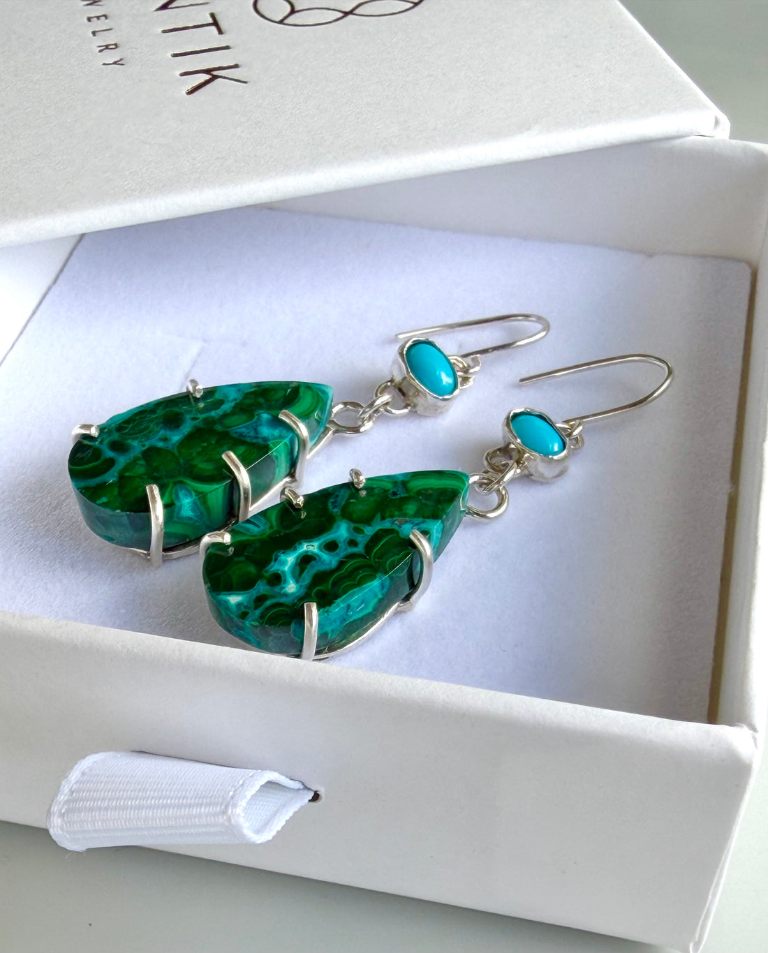 Rare Chrysocolla Malachite and Arizona Turquoise Earrings