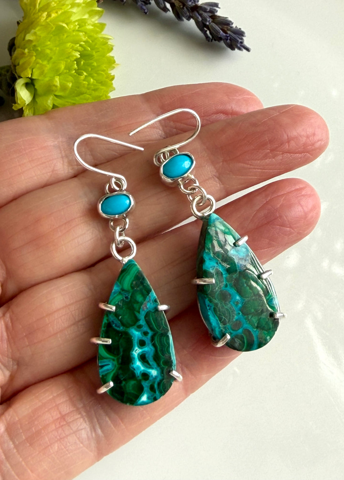 Rare Chrysocolla Malachite and Arizona Turquoise Earrings