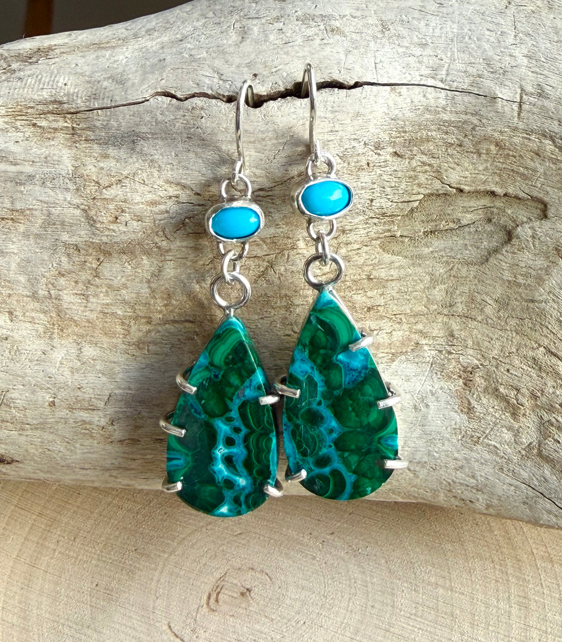 Rare Chrysocolla Malachite and Arizona Turquoise Earrings
