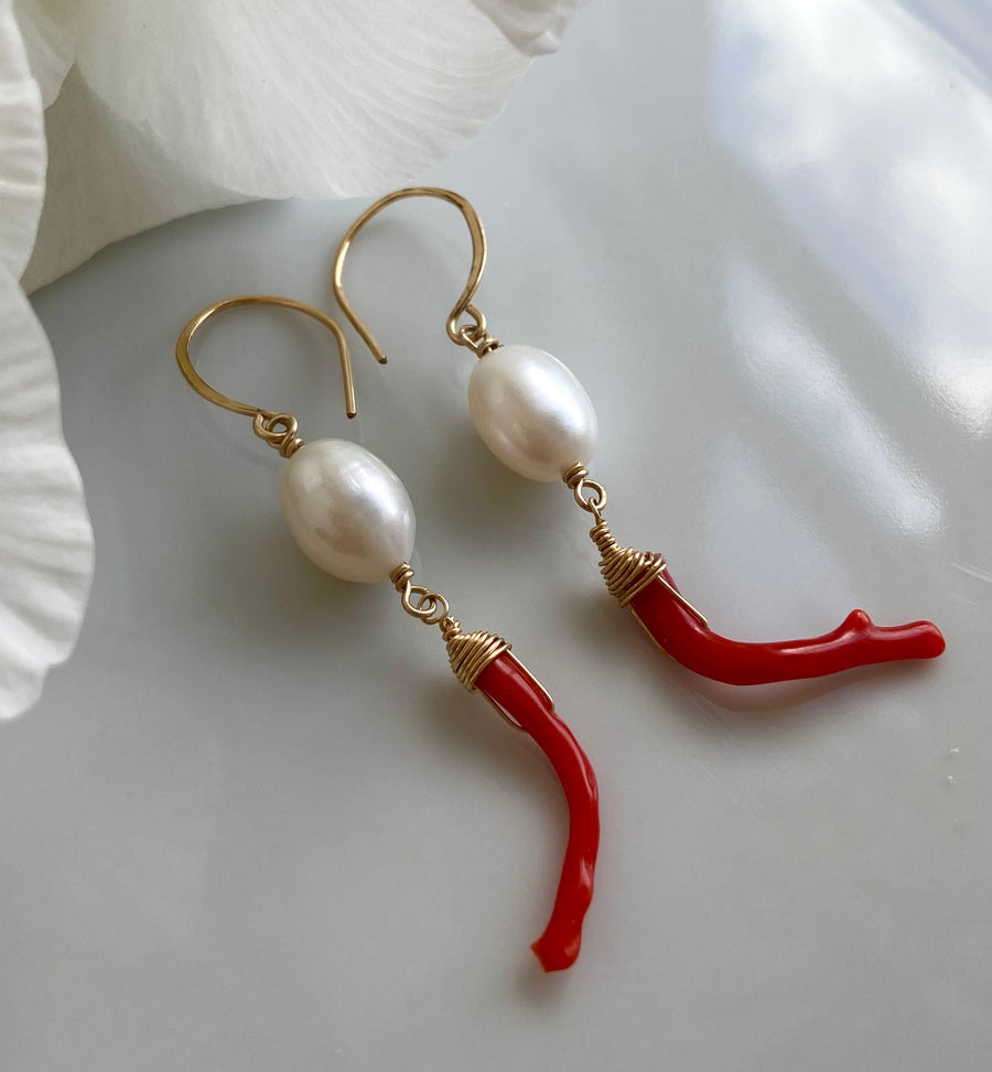 Vintage Italian Red Coral Branch and Pearl Earrings