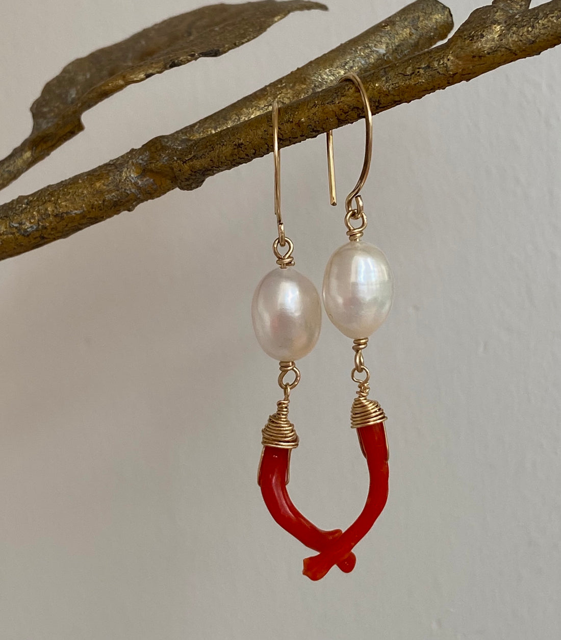 Vintage Italian Red Coral Branch and Pearl Earrings