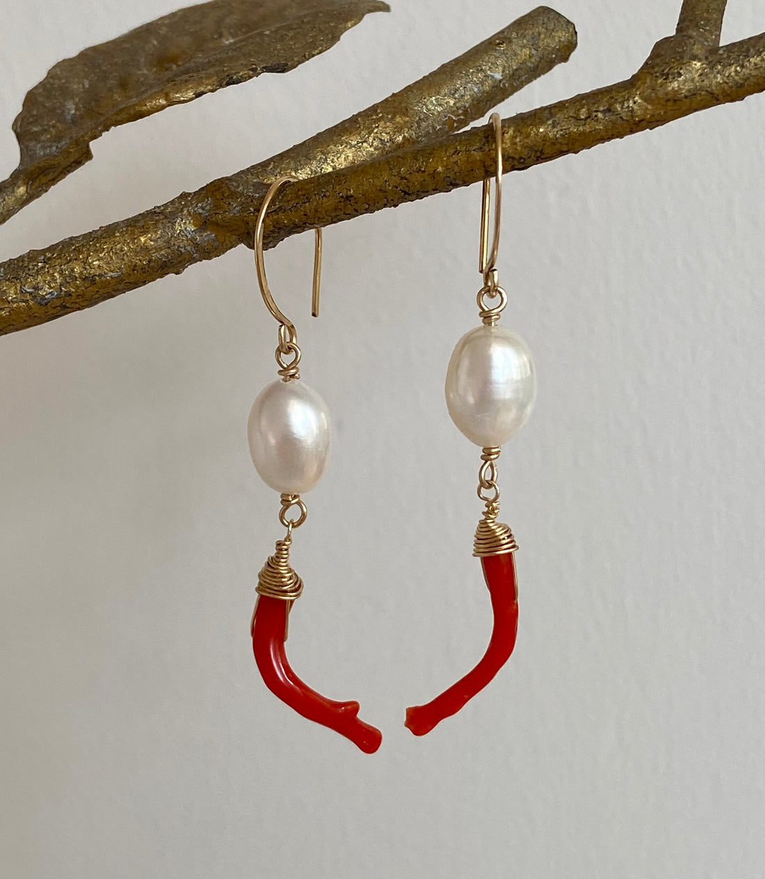 Vintage Italian Red Coral Branch and Pearl Earrings