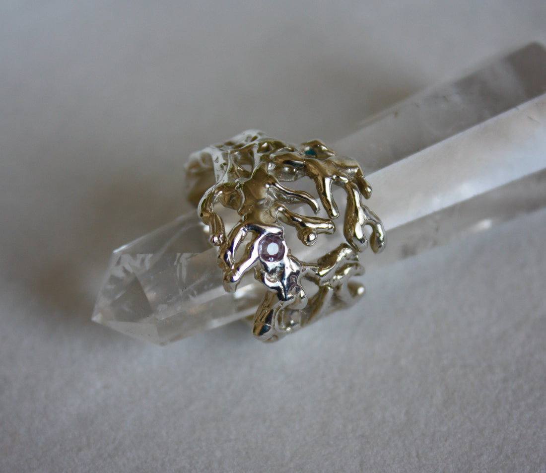 Silver Coral Statement Ring with Pink Sapphire, September Birthstone Ring