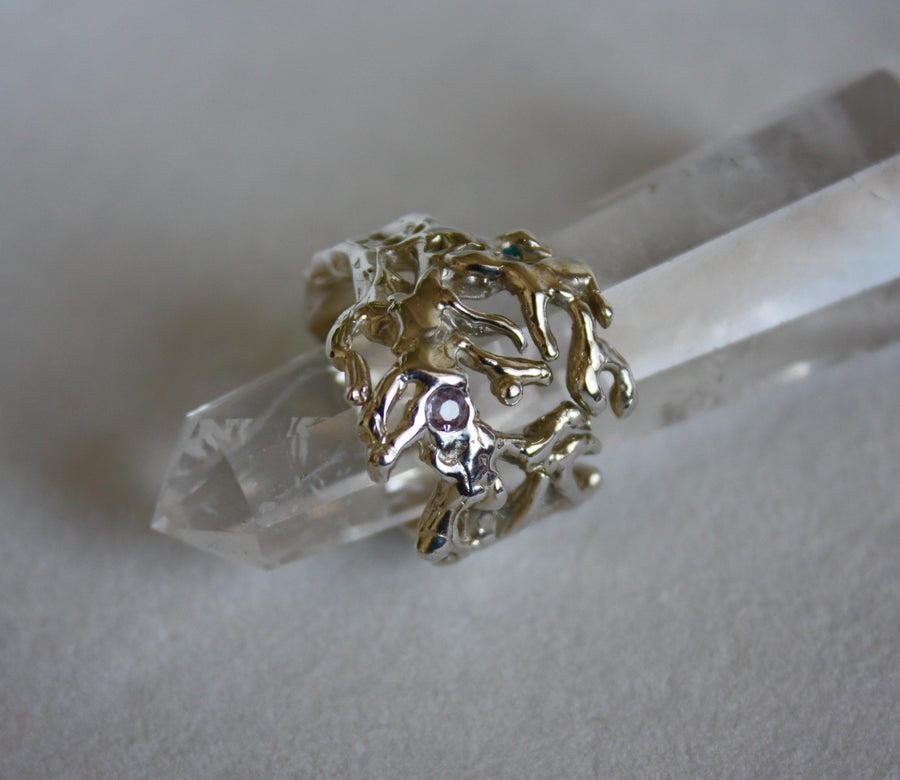 Silver Coral Statement Ring with Pink Sapphire, September Birthstone Ring