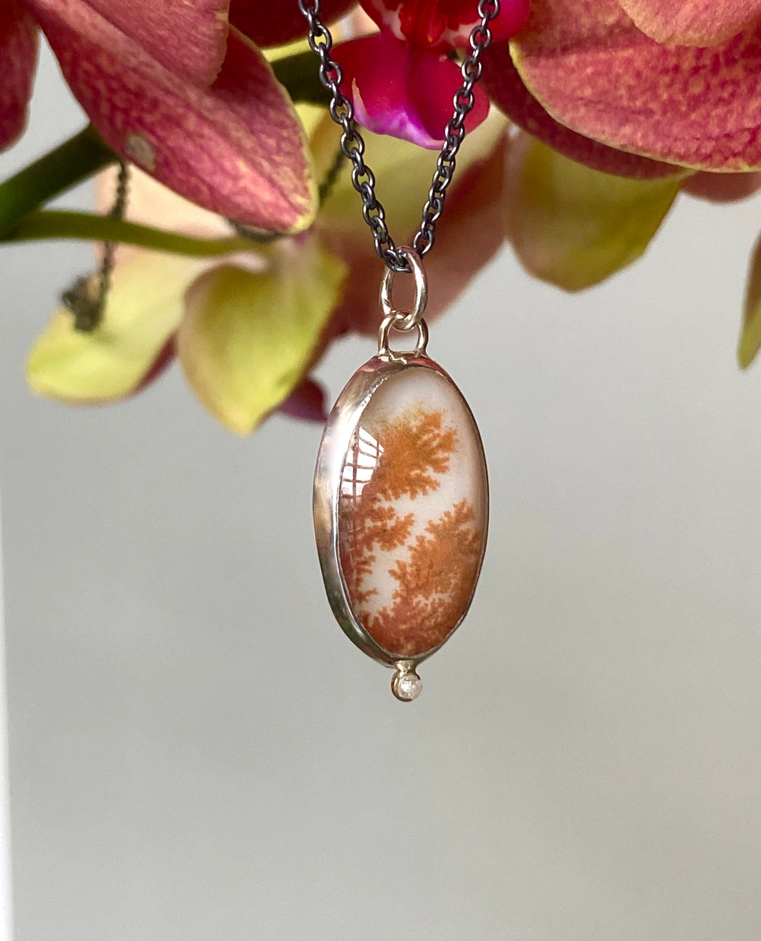Dendritic Agate and Rough Diamond Pendant Necklace