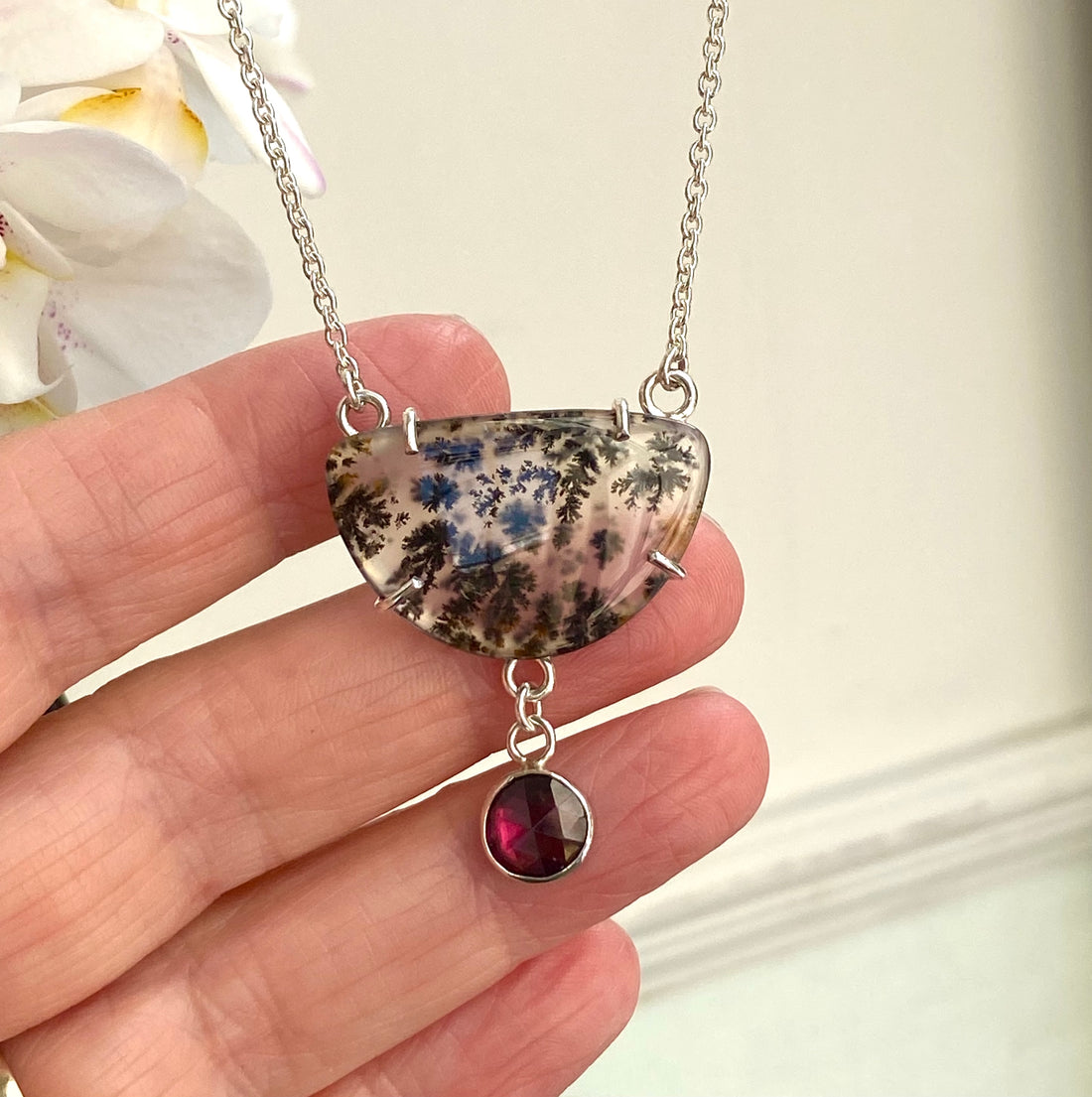 Dendritic Agate and  Rhodolite Garnet Pendant Necklace, January and May Birthstone Necklace