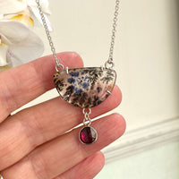 Dendritic Agate and  Rhodolite Garnet Pendant Necklace, January and May Birthstone Necklace