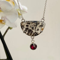 Dendritic Agate and  Rhodolite Garnet Pendant Necklace, January and May Birthstone Necklace
