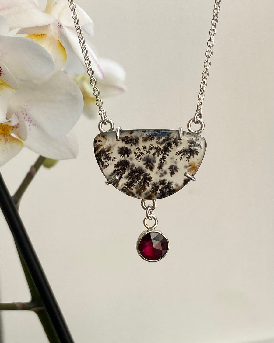 Dendritic Agate and  Rhodolite Garnet Pendant Necklace, January and May Birthstone Necklace