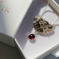 Dendritic Agate and  Rhodolite Garnet Pendant Necklace, January and May Birthstone Necklace