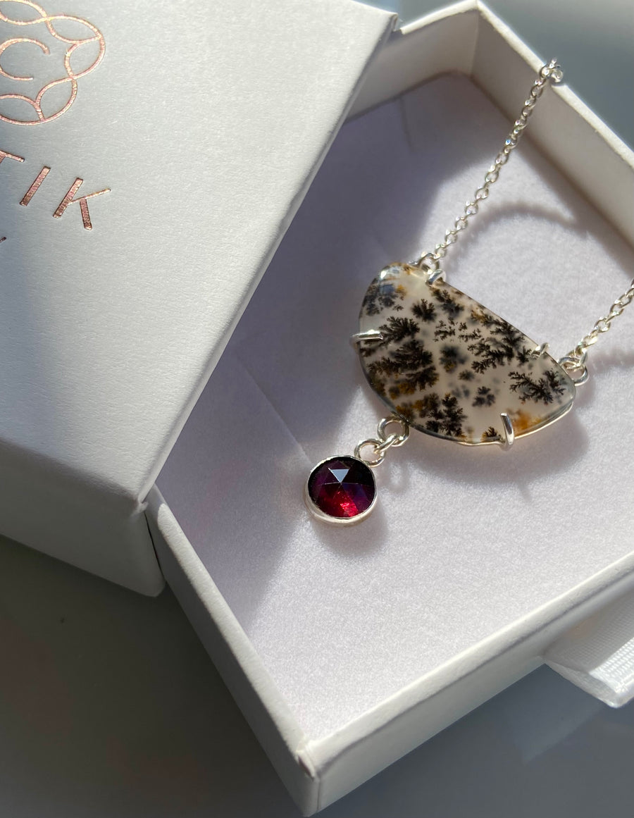Dendritic Agate and  Rhodolite Garnet Pendant Necklace, January and May Birthstone Necklace
