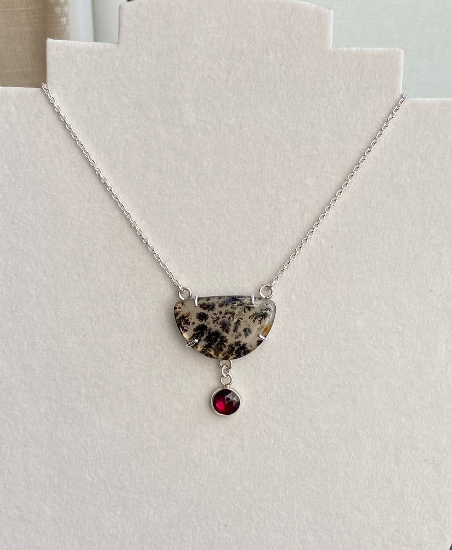 Dendritic Agate and  Rhodolite Garnet Pendant Necklace, January and May Birthstone Necklace