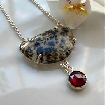 Dendritic Agate and  Rhodolite Garnet Pendant Necklace, January and May Birthstone Necklace
