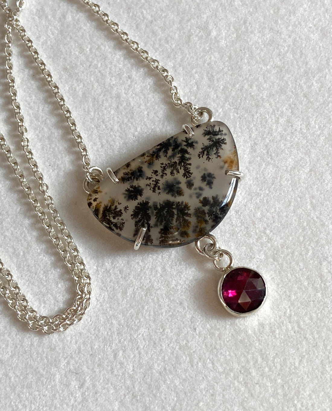 Dendritic Agate and  Rhodolite Garnet Pendant Necklace, January and May Birthstone Necklace