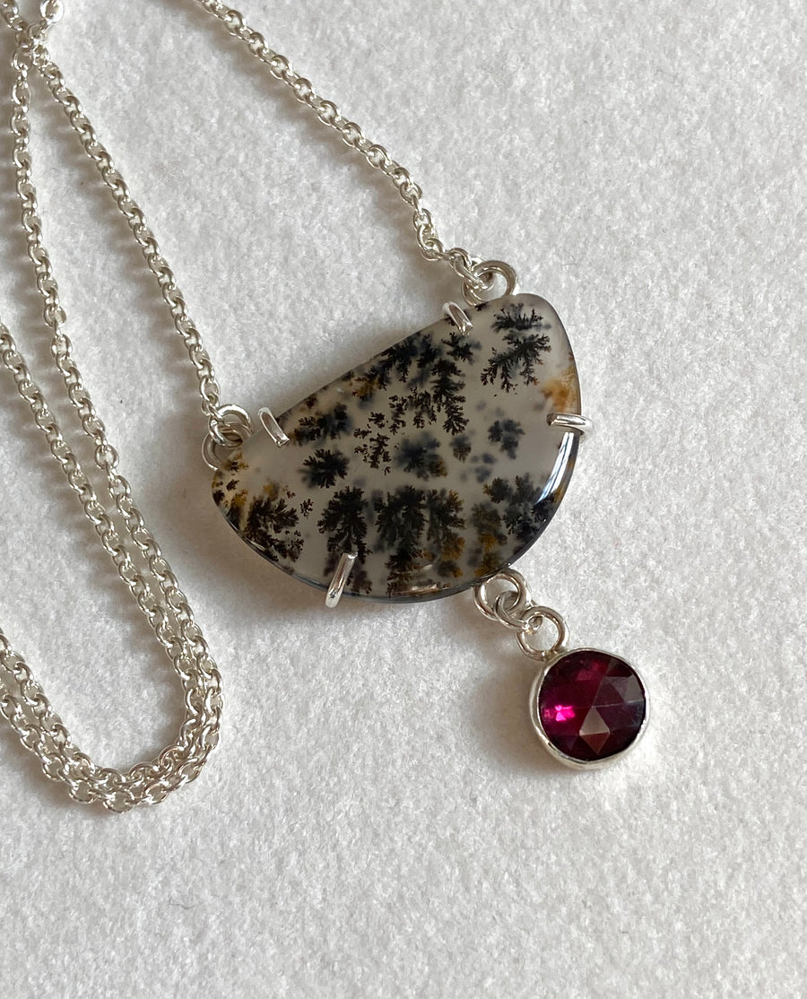 Dendritic Agate and  Rhodolite Garnet Pendant Necklace, January and May Birthstone Necklace