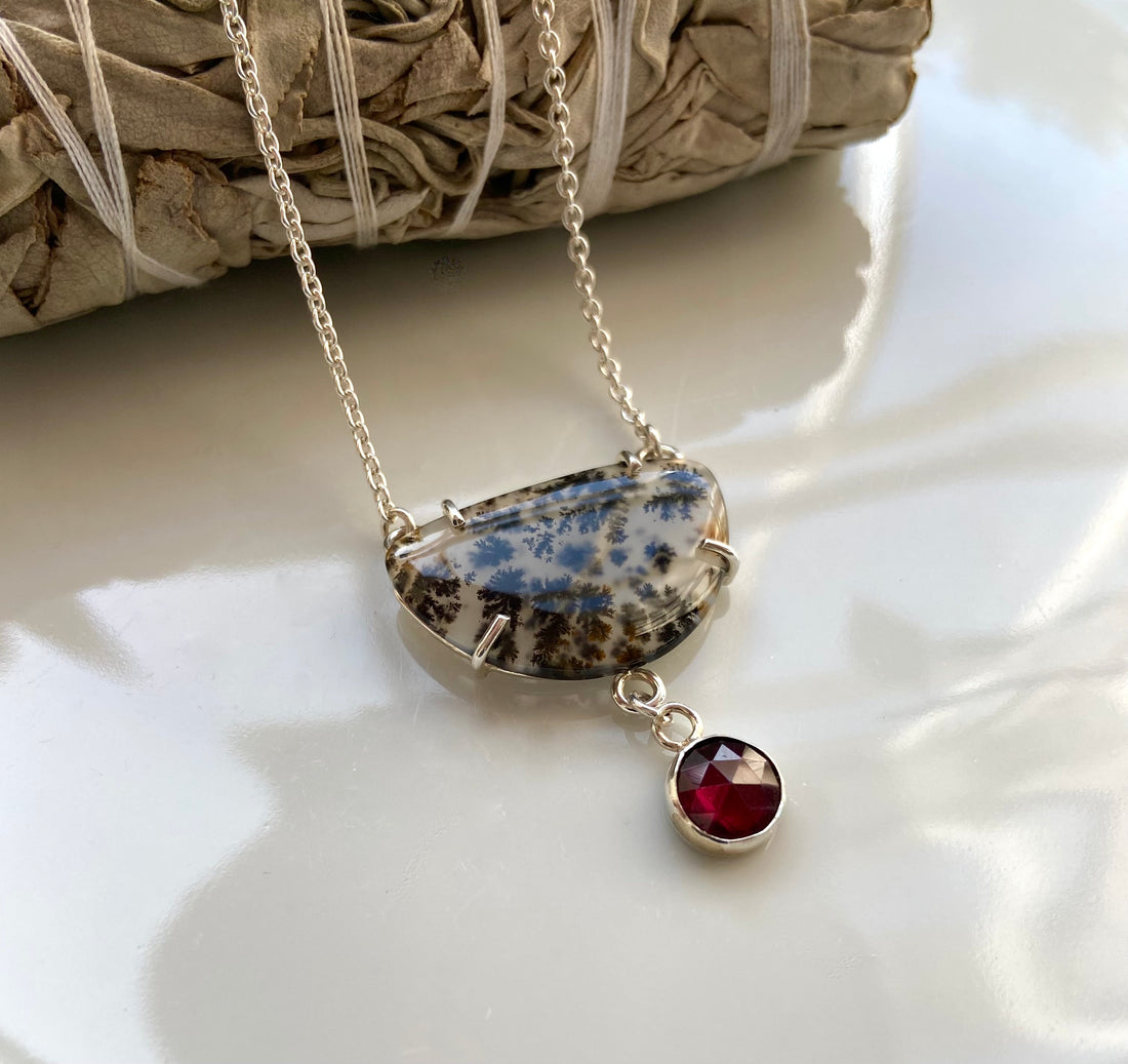 Dendritic Agate and  Rhodolite Garnet Pendant Necklace, January and May Birthstone Necklace