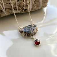 Dendritic Agate and  Rhodolite Garnet Pendant Necklace, January and May Birthstone Necklace