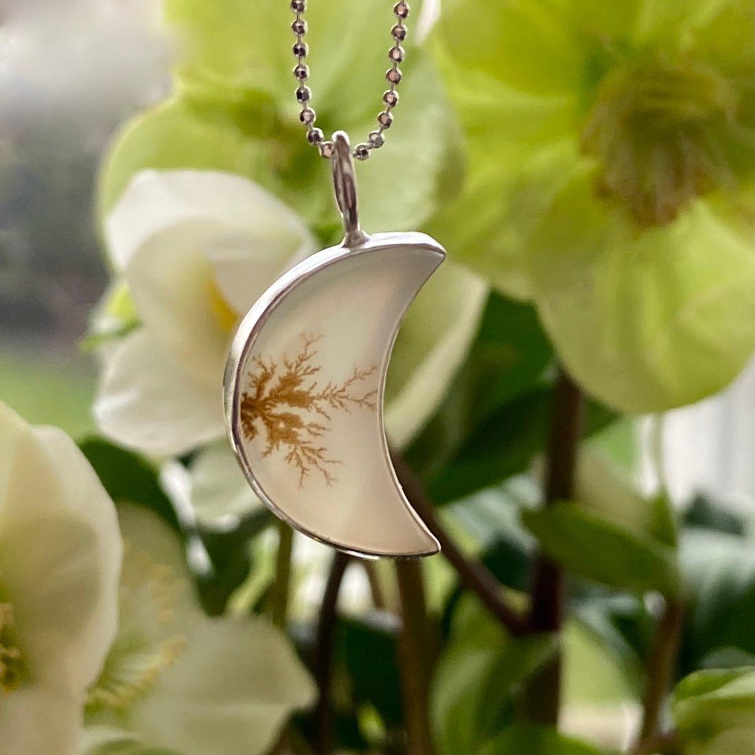 Dendritic Agate Crescent Moon Pendant Necklace, May Birthstone