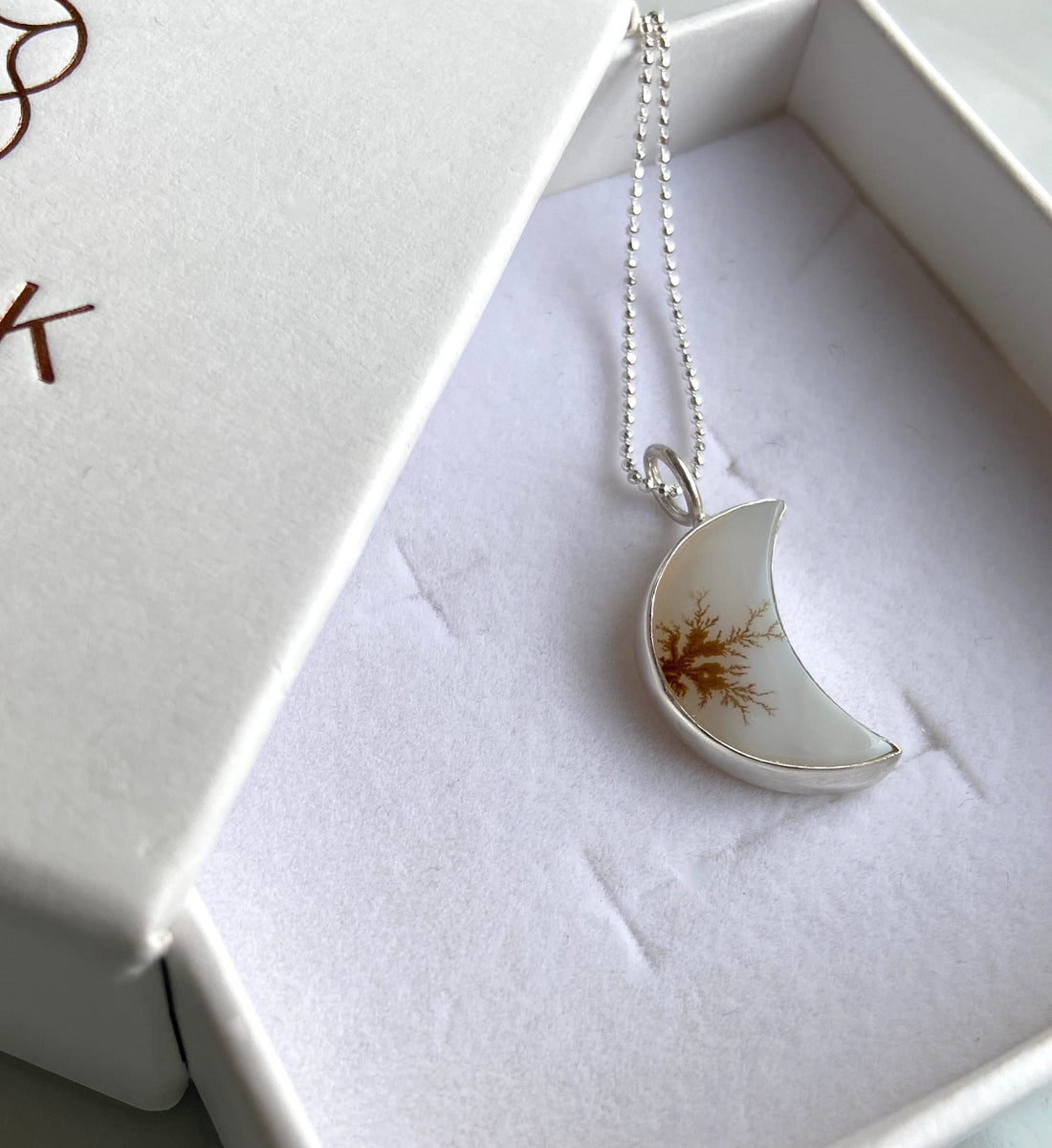 Dendritic Agate Crescent Moon Pendant Necklace, May Birthstone