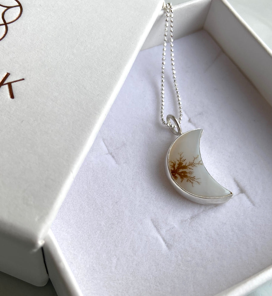 Dendritic Agate Crescent Moon Pendant Necklace, May Birthstone