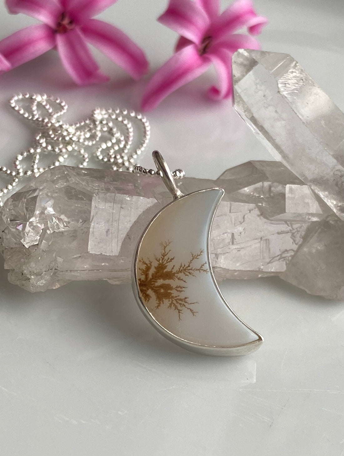 Dendritic Agate Crescent Moon Pendant Necklace, May Birthstone