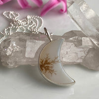 Dendritic Agate Crescent Moon Pendant Necklace, May Birthstone